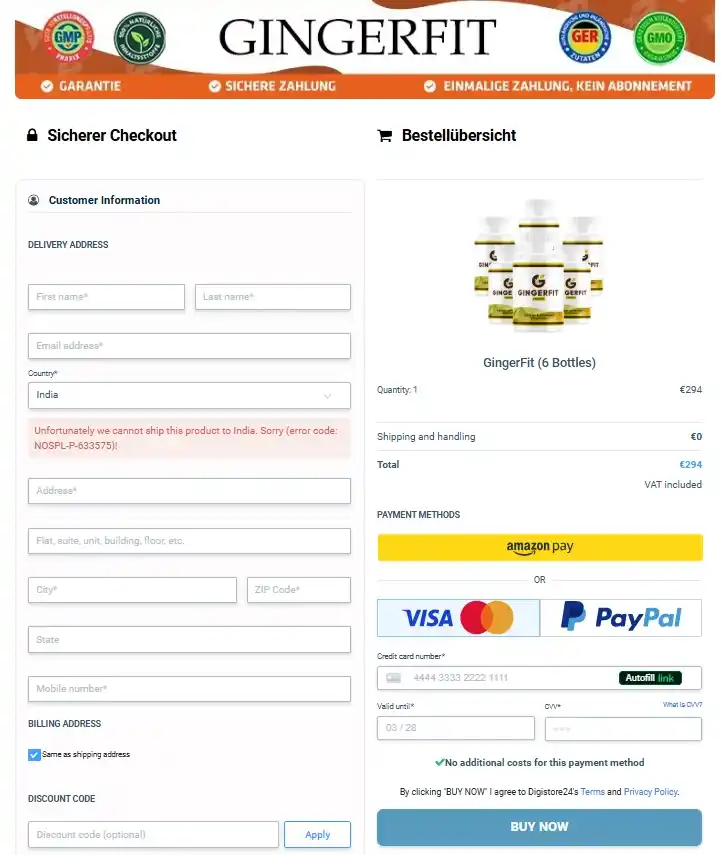 GingerFit Order Page